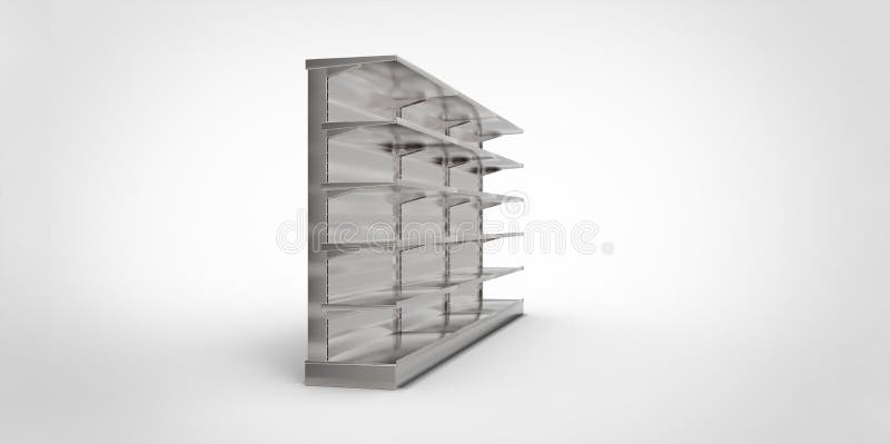 Scaffali di negozio grigi grigi vuoti di vendita al dettaglio del cromo dell'argento del metallo su un fondo normale royalty illustrazione gratis Scaffali di negozio grigi grigi vuoti di vendita al dettaglio del cromo dell'argento del metallo su un fondo normale royalty illustrazione gratis