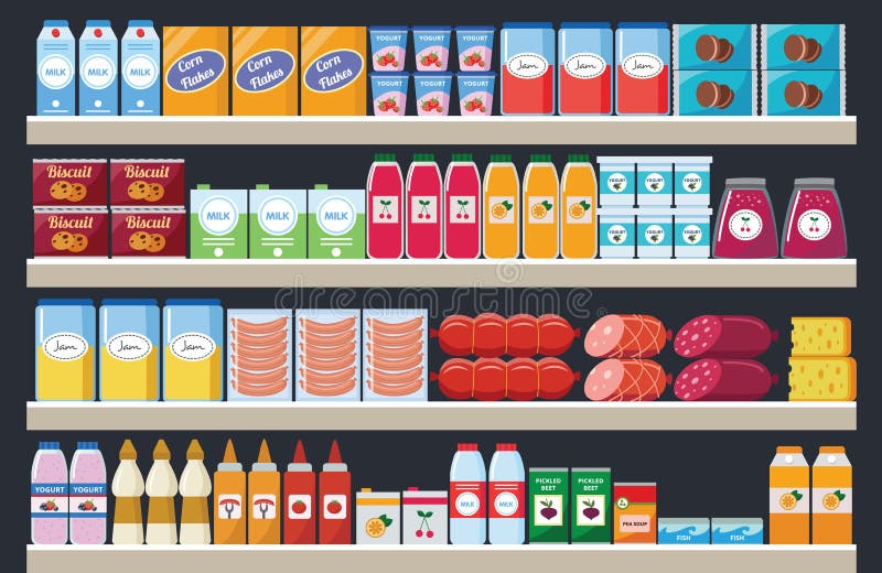 Scaffali di supermercati con prodotti di assortimento e bevande a fumettistica piatta. illustrazione vettoriale
