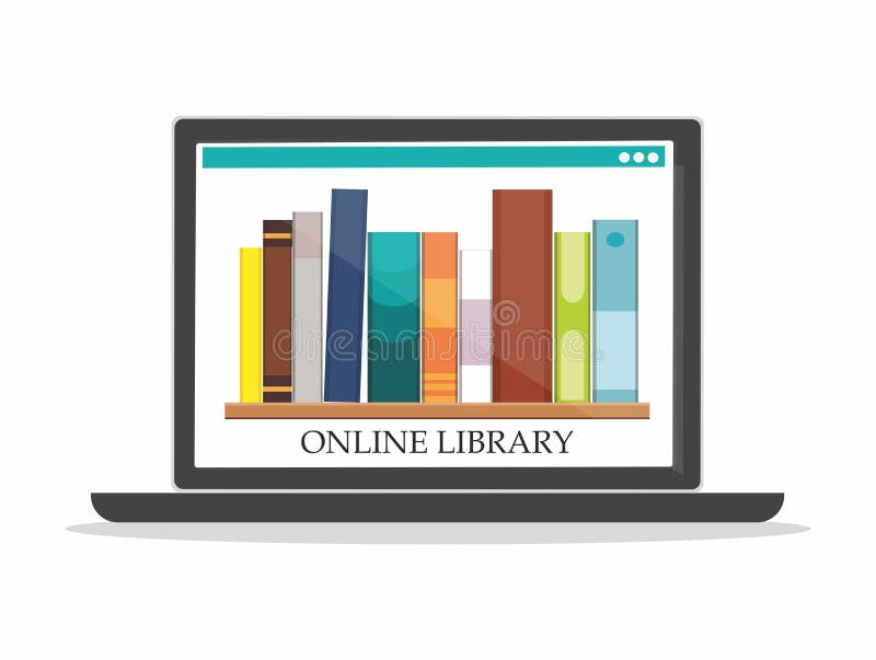 Scaffali per libri con i libri sul concetto online di istruzione della biblioteca dello schermo di computer royalty illustrazione gratis