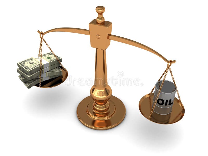 3d illustration of golden scale with oil barrel and dollars stack. 3d illustration of golden scale with oil barrel and dollars stack