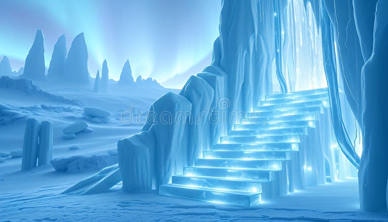 Scala di ghiaccio in alluminio Crescente alla luce eterea in un paesaggio congelato royalty illustrazione gratis