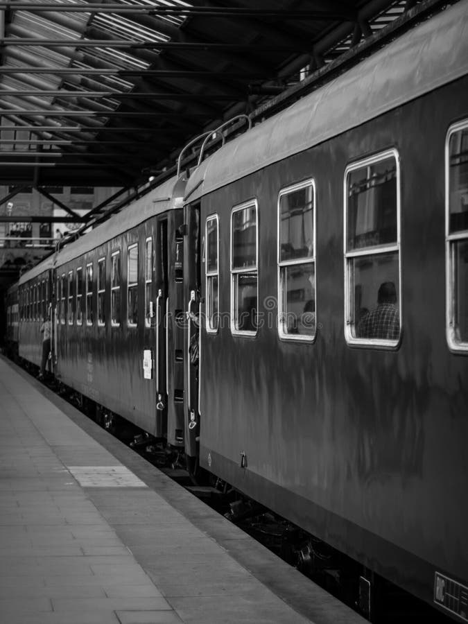 Scala di grigi verticale scattata su un treno in una stazione interna immagini stock libere da diritti