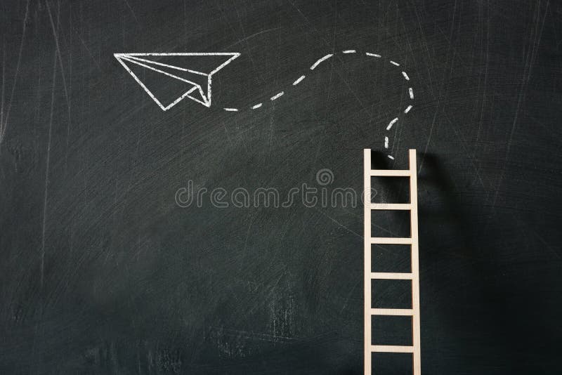 wooden ladder and sketch plane over classroom blackboard background. wooden ladder and sketch plane over classroom blackboard background.