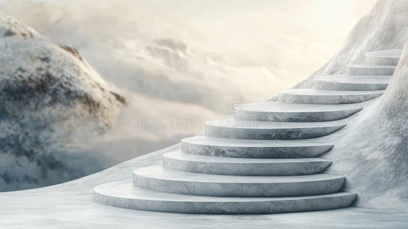 Scala di pietra che solleva una montagna di neve in direzione di una luce ermetica luminosa royalty illustrazione gratis