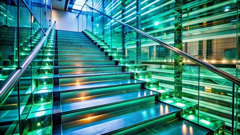 Scala illuminata moderna con ringhiere di vetro e accenti di teal. Generative AI royalty illustrazione gratis