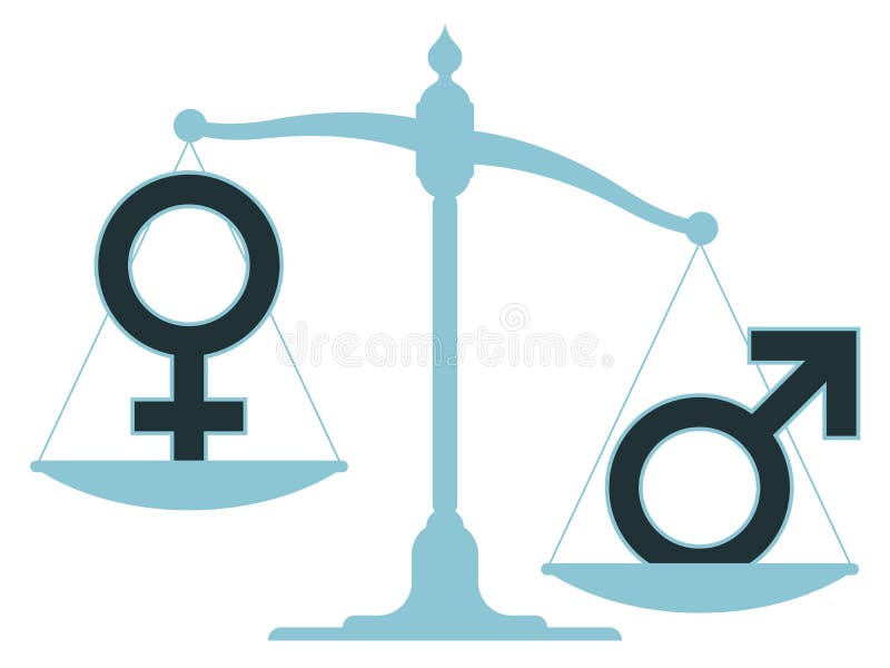 Unbalanced scale with male and female icons showing an inequality between the sexes with the female carrying the most weight. Unbalanced scale with male and female icons showing an inequality between the sexes with the female carrying the most weight