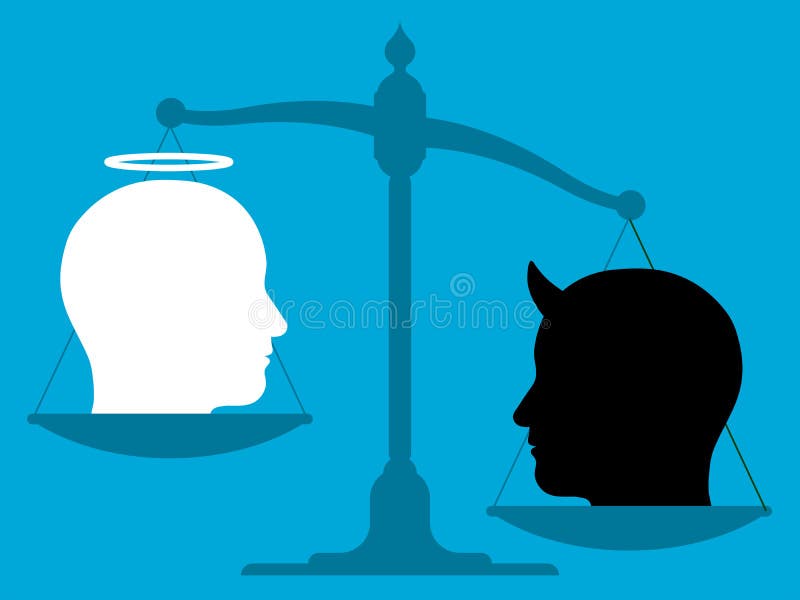 Conceptual illustration of the silhouette of an unbalanced vintage scale with the head of an angel and the devil on its pans showing a comparison of good over evil. Conceptual illustration of the silhouette of an unbalanced vintage scale with the head of an angel and the devil on its pans showing a comparison of good over evil