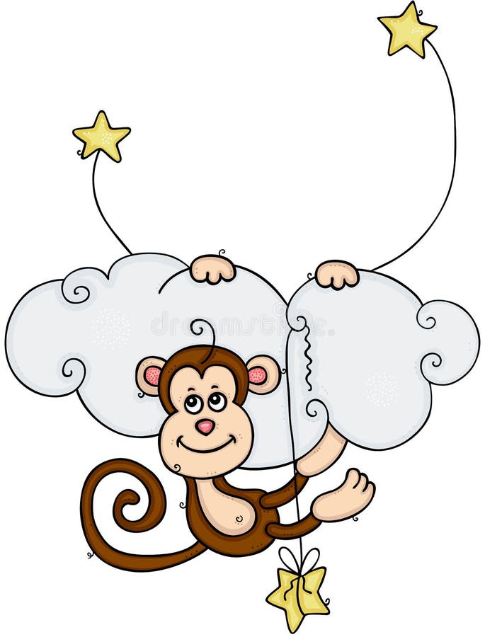 Cute monkey hanging on cloud with stars royalty free illustration