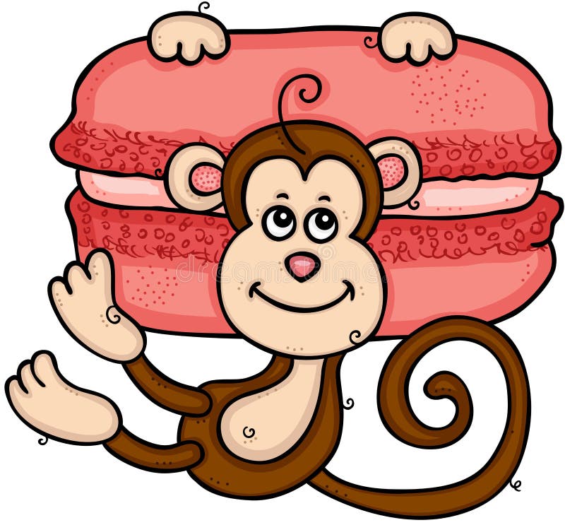 Cute monkey hanging on red macaron stock illustration