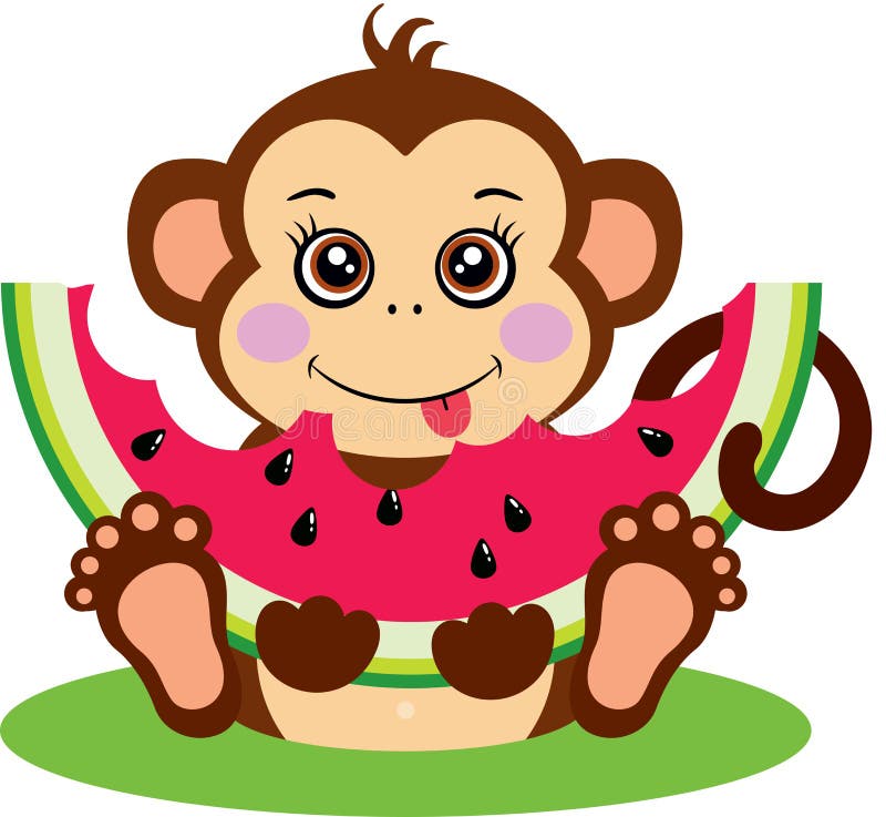 Cute monkey sitting eating a slice of watermelon vector illustration