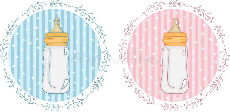 Pink and blue baby shower round sticker labels with baby milk bottle