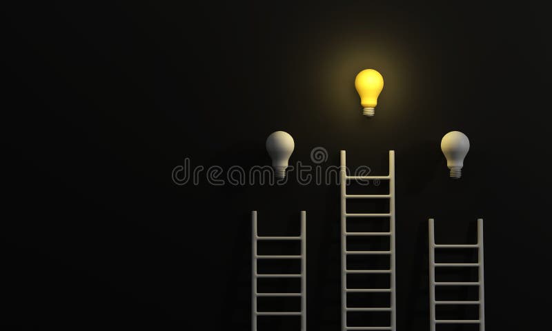 Scale che raggiungono una lampadina in uno sfondo nero minimalista. concetto di ispirazione per la creazione di nuove idee illustrazione vettoriale