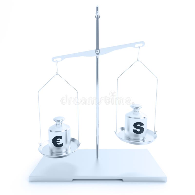 Silver scales with weights with symbols of dollar and euro. Silver scales with weights with symbols of dollar and euro