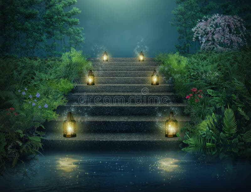 Scale di fantasia con le lanterne nel fiume alla notte