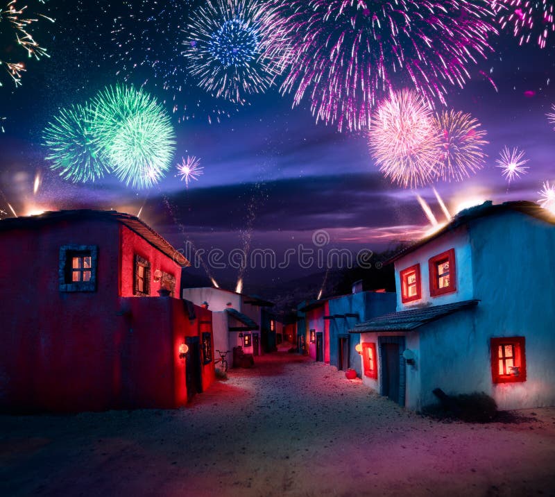 Scale model of a mexican town at twlight with fireworks. Scale model of a mexican town at twlight with fireworks