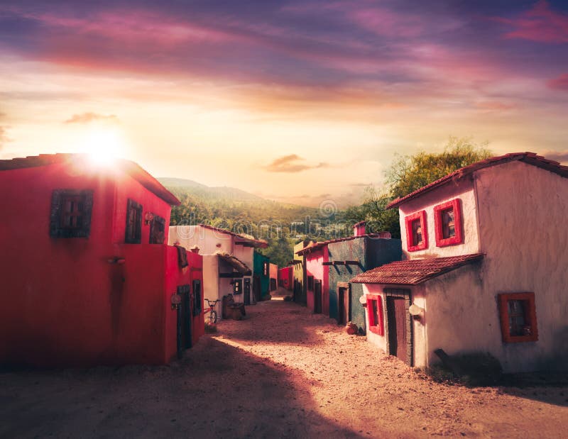 Scale model of a typical mexican village at sunset