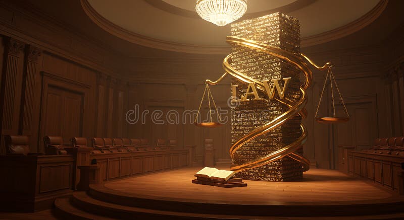 Scales de justice et de droit dans une salle d'audience avec livre ouvert illustration stock