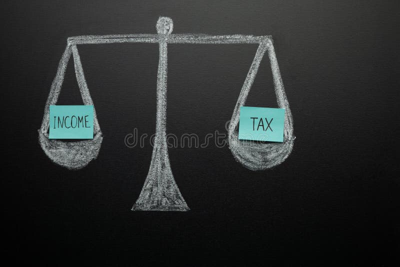 Scales drawn on a blackboard with the words income and tax. The concept of choosing between income and tax.