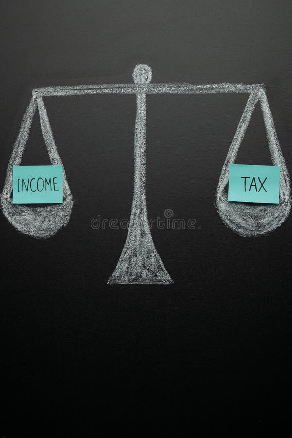 Scales drawn on a blackboard with the words income and tax. The concept of choosing between income and tax.
