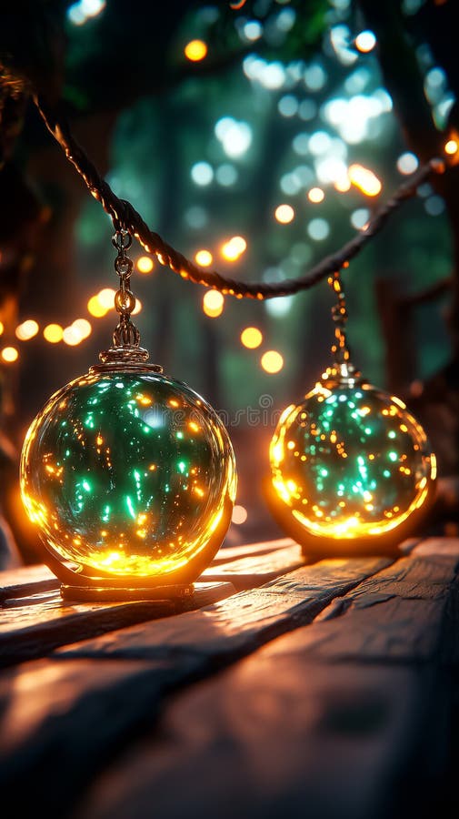 Scales are elegantly balancing two luminous orbs, surrounded by a forest filled with enchanting fairy lights at dusk royalty free stock photos