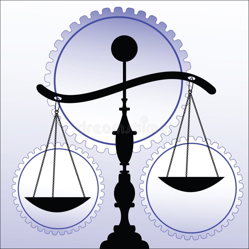 Scales of justice with wheels/gears behind - slightly off balance