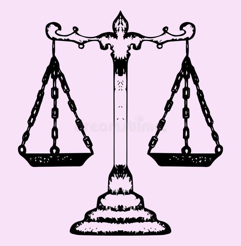 Scales for weighing, libra, justice, hand drawn. Vector hand drawn