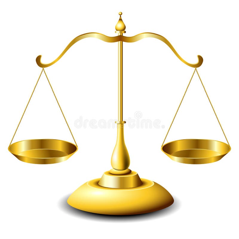 Golden scales of justice with balanced plates