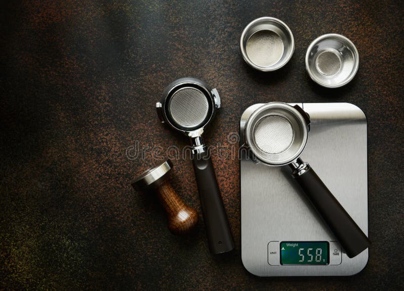 Scales, Portafilters, Coffee Baskets and Tamper, Top View, Flat Lay