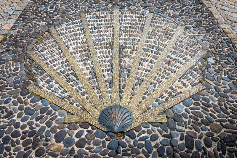 Scallop shell ,Symbol for The way of saint James or compostelle, Nasbinals , Lozere , France stock image