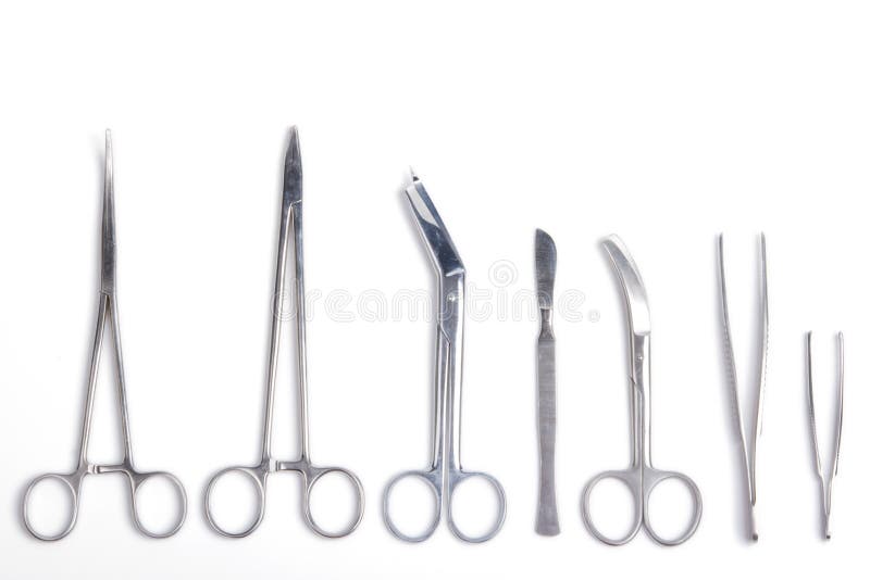 Scalpel, forceps, clamps, scissors - isolated