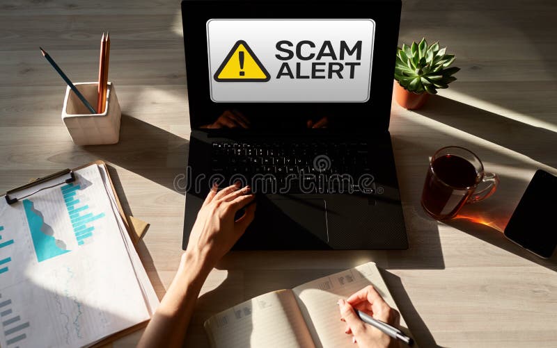 Scam alert detecting warning. Notification on device screen. stock image