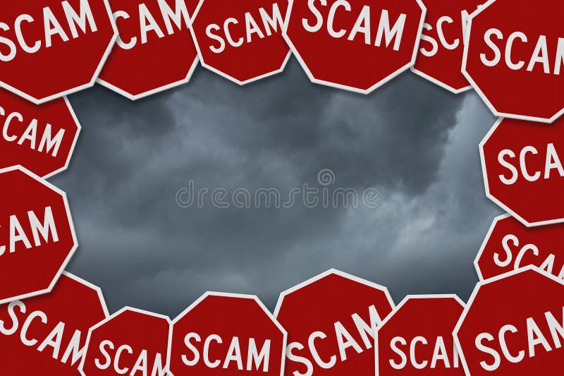 Scam stop sign border with stormy sky center stock photos