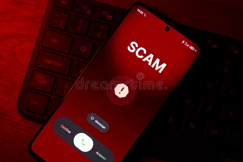 Scam warning on smartphone screen with call options over keyboard, red light stock photography