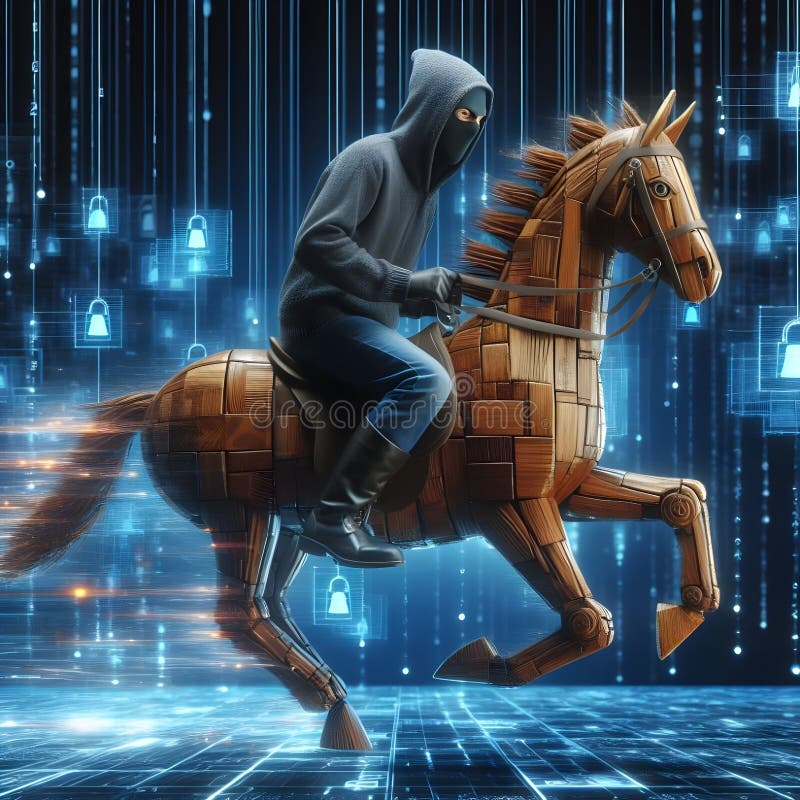 Scammer riding a wooden Trojan horse in digital matrix cyber security space royalty free illustration