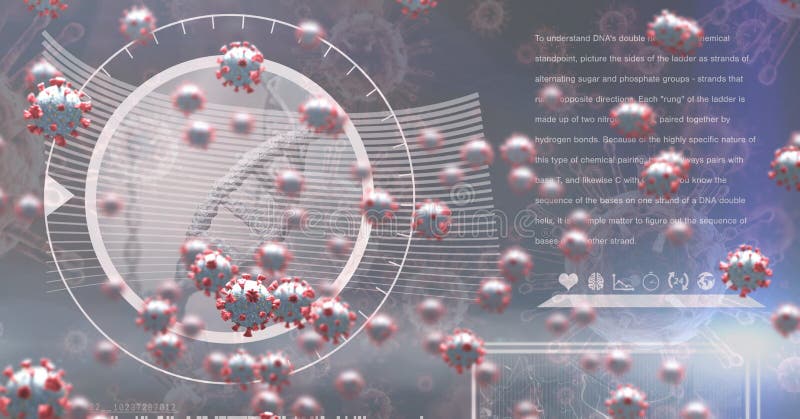 Scan of DNA strain with data and coronavirus covid19 cells floating. Digital illustration of macro Covid-19 cells floating with statistics and data processing stock illustration Scan of DNA strain with data and coronavirus covid19 cells floating. Digital illustration of macro Covid-19 cells floating with statistics and data processing stock illustration