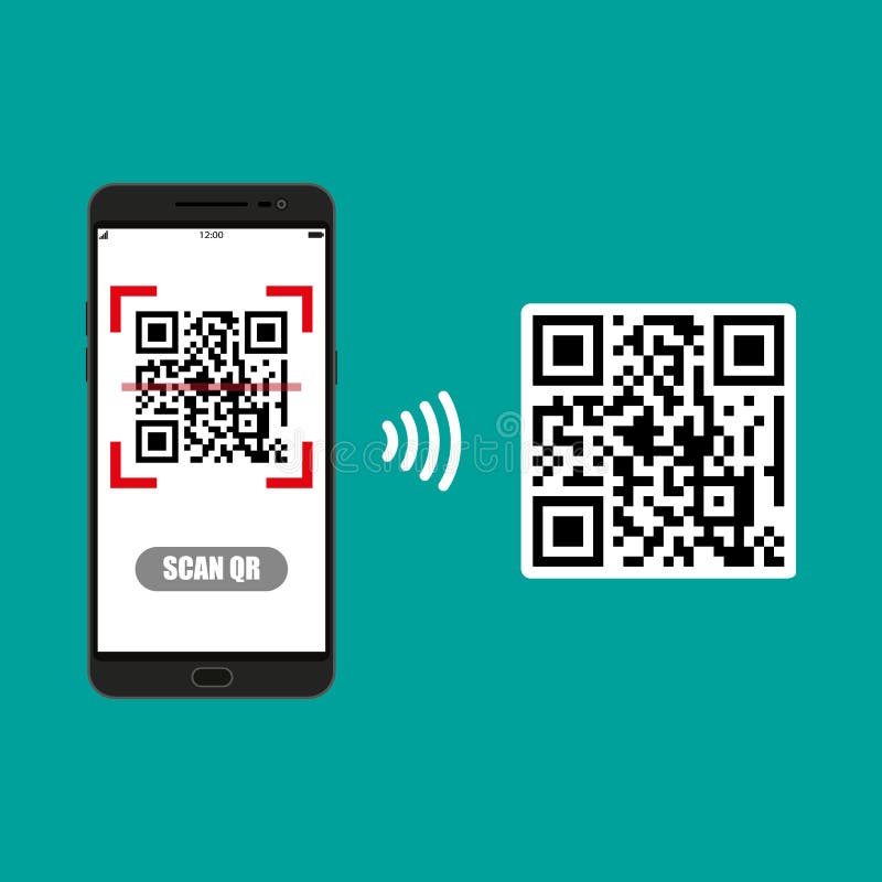 Mobile phone scanning QR code from document. Electronic scan, digital technology, barcode. Vector illustration in flat design.
