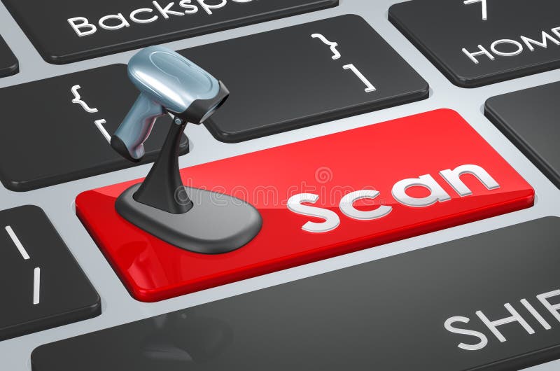Scan red key. Barcode reader on keyboard. 3D rendering royalty free illustration