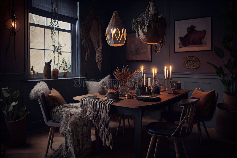 Scandiboho Dining Room, with Moody Lighting and Eclectic Decor Stock