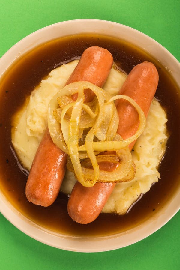 Scandiinavian or Norwegian Sausage and Mashed Potatoes With Gravy and Fried Onions royalty free stock photography Scandiinavian or Norwegian Sausage and Mashed Potatoes With Gravy and Fried Onions royalty free stock photography