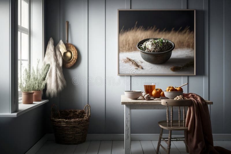 Scandinavian Boho Style Kitchen. Minimal Decor. Mockup Frame Hangs on