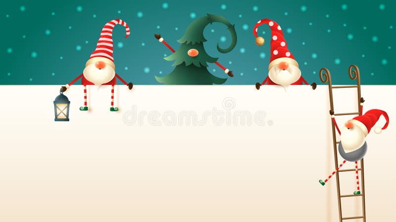 Happy Scandinavian Christmas gnomes climb up the billboard using ladders royalty free illustration