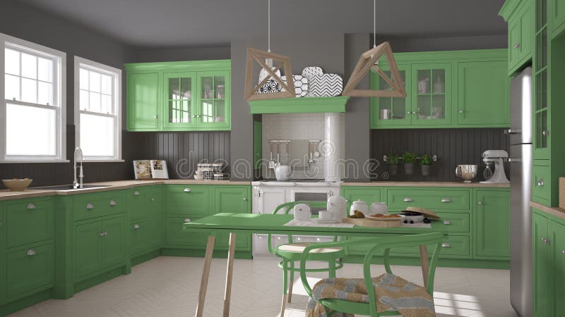 Scandinavian Classic Kitchen with Wooden and Green Details, Mini Stock ...