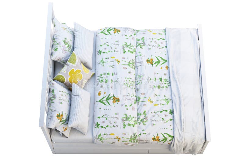 Scandinavian Double Bed with Pattern Linen and Storage Box. 3d Render
