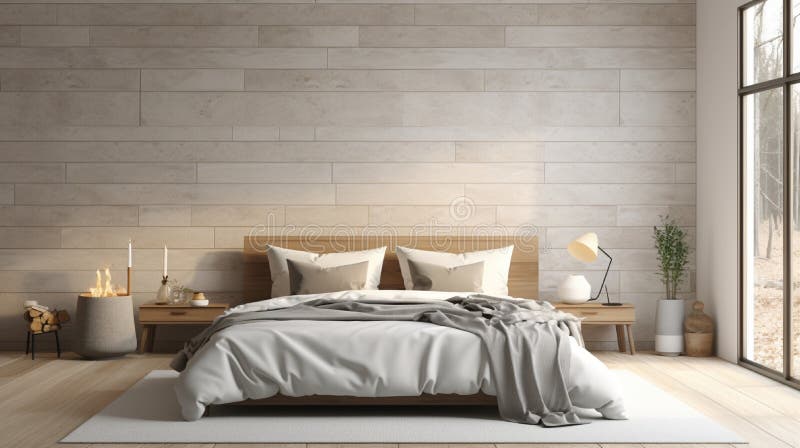 Scandinavian farmhouse bedroom interior. Wall mockup. Bed with light white bedding. Dry plants. 3d render. High quality 3d