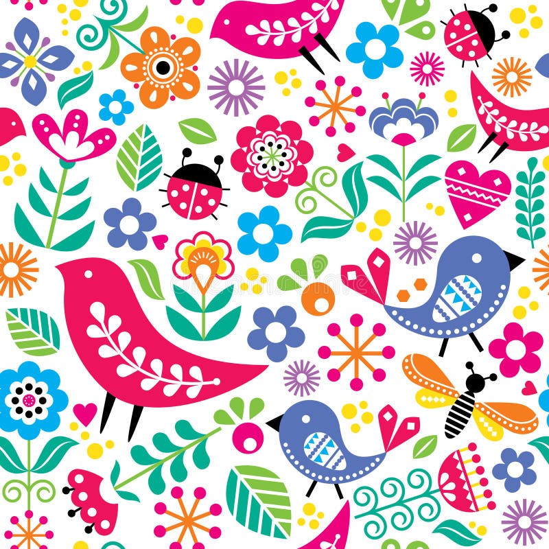 Scandinavian folk art vector seamless pattern with birds, flowers, spirng happy textile design inspired by traditional embroidery