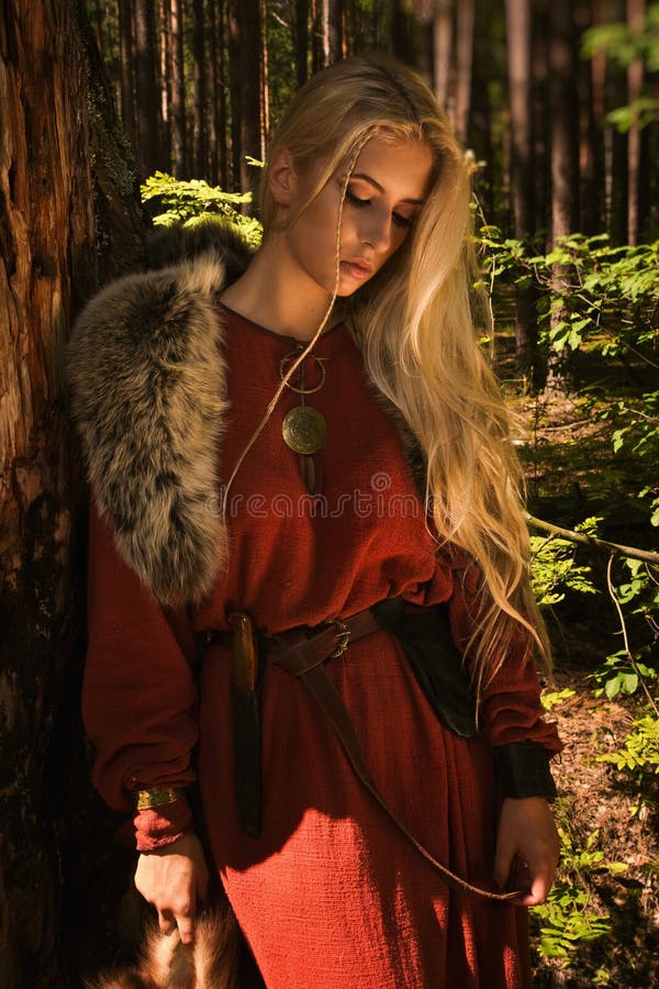 Scandinavian Girl in the Night Forest Stock Photo - Image of actress ...