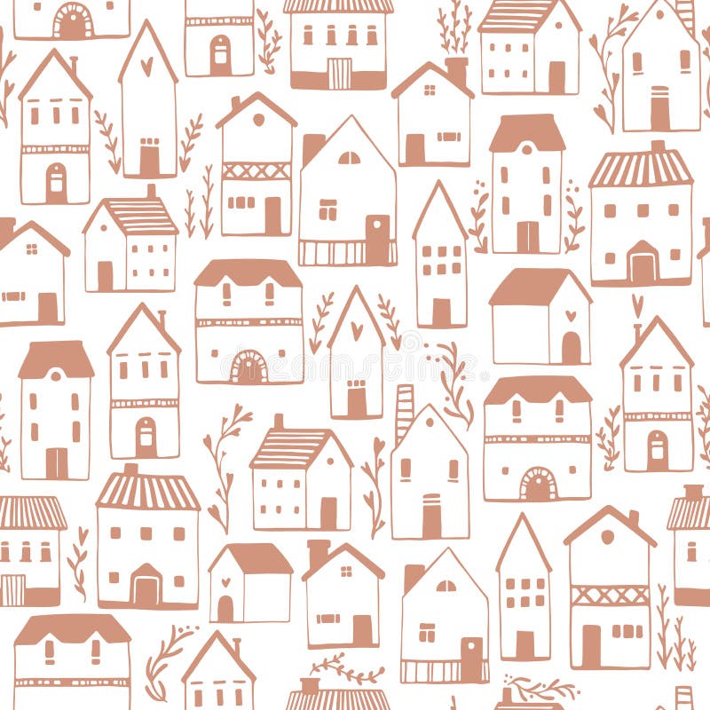 Scandinavian Houses Seamless Pattern. Vector Hand-drawn Illustration of ...