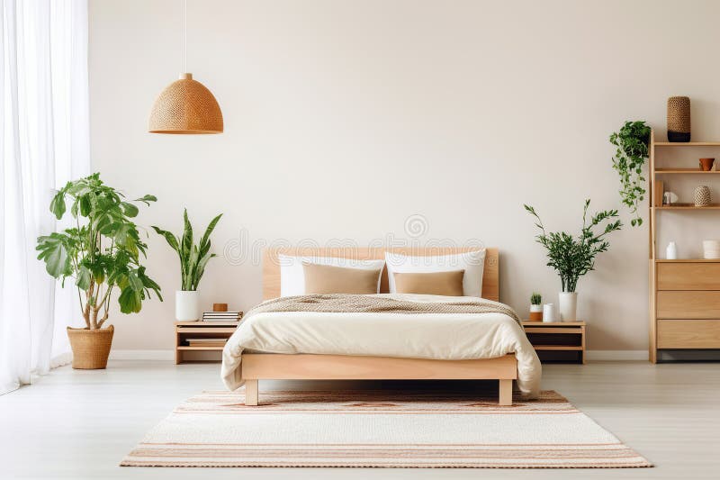 Scandinavian interior design of modern spacious bedroom. AI stock illustration
