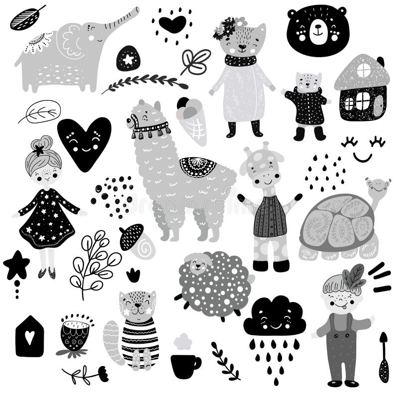 Scandinavian kids doodles elements pattern set color wild animal hand drawn bear lamma cat`s monkey, girl, turtle, lamb, house