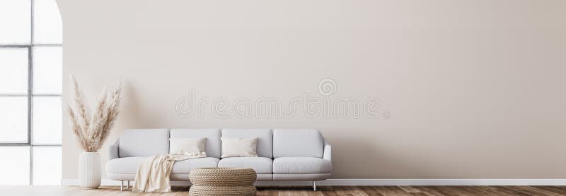 Scandinavian living room design with rattan table, pampas and white sofa on beige background. Simple interior design, panorama